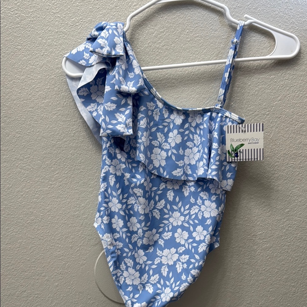 Elegant Blue and White One Piece Swimsuit with Ruffles